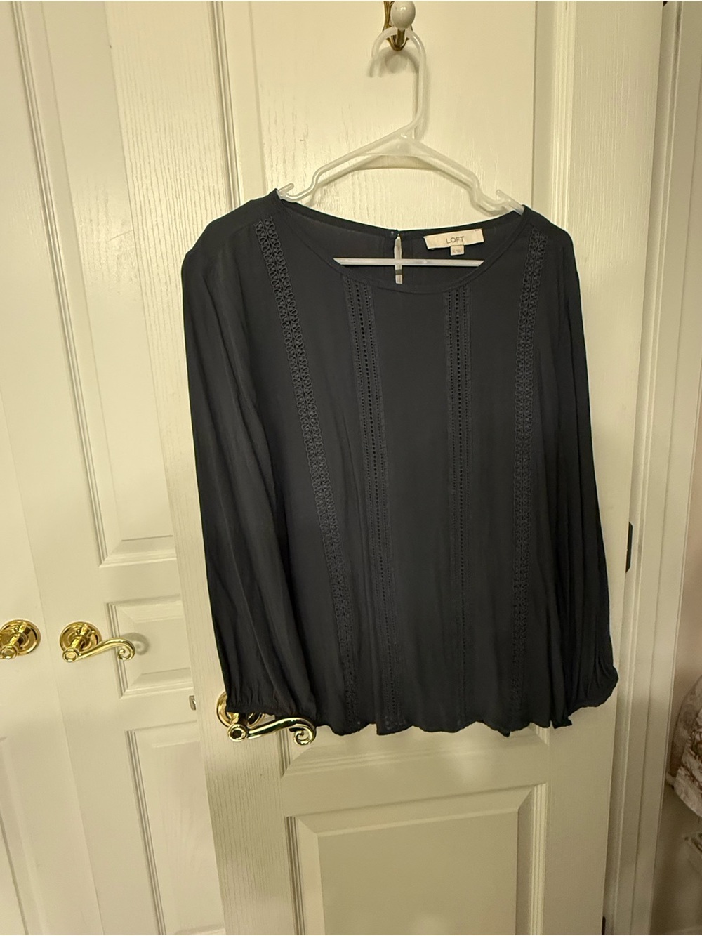 LOFT Dark Navy Long-Sleeve Crochet-Trim Blouse